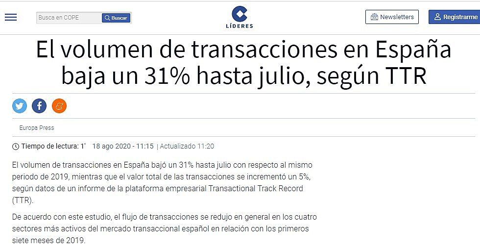 El volumen de transacciones en Espaa baja un 31% hasta julio, segn TTR